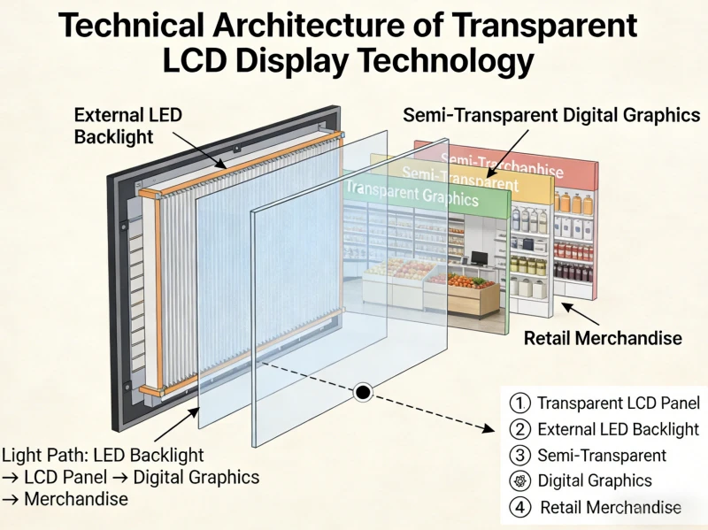 Technical architecture of transparent LCD display technology illustrating external LED backlight integration and semi-transparent digital graphics for retail merchandise Technical architecture of transparent LCD display technology illustrating external LED backlight integration and semi-transparent digital graphics for retail merchandise