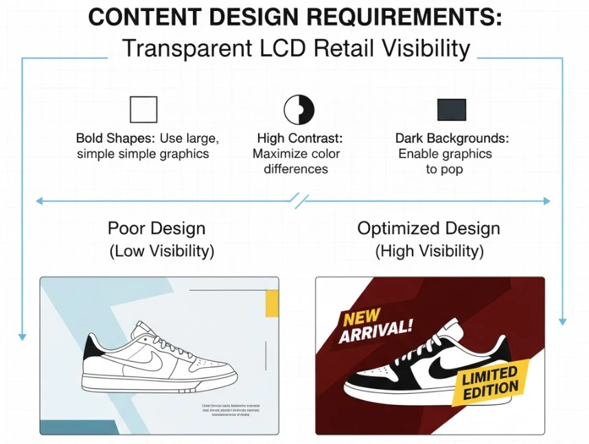 Content design requirements for transparent LCD screens highlighting the need for bold shapes, high contrast, and dark backgrounds for optimal retail visibility Content design requirements for transparent LCD screens highlighting the need for bold shapes, high contrast, and dark backgrounds for optimal retail visibility