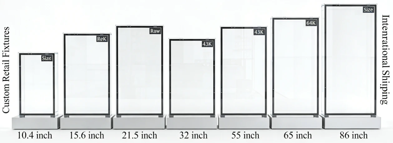 Complete transparent LCD display case solutions and raw panels ranging from 10.4 inch to 86 inch 4K resolution for custom retail fixtures and international shipping Complete transparent LCD display case solutions and raw panels ranging from 10.4 inch to 86 inch 4K resolution for custom retail fixtures and international shipping